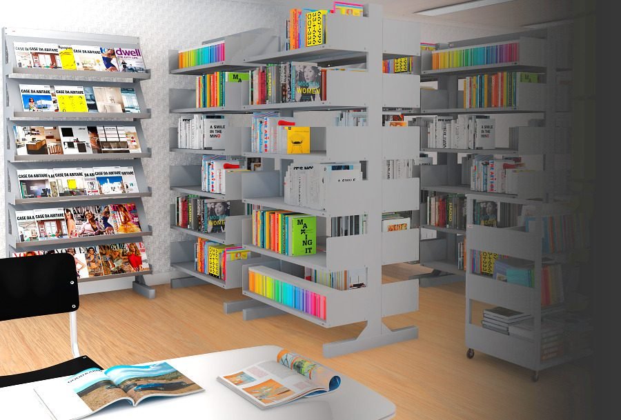 Biblioteca com estantes de aço